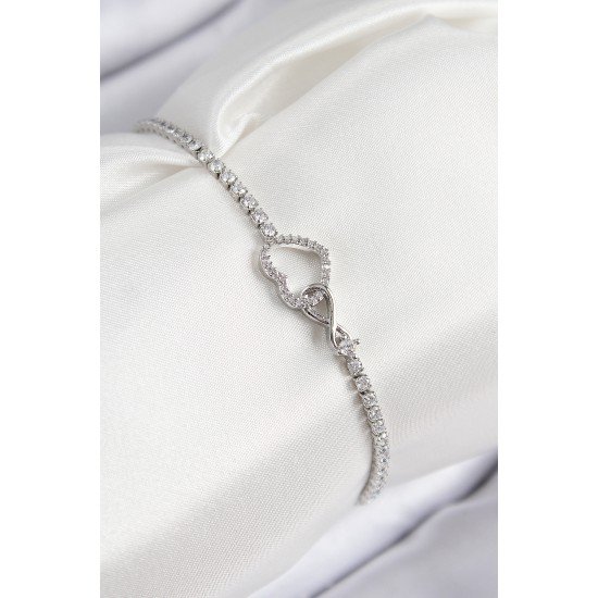 Pirinç Zirkon Taşlı Sonsuzluk Kalp Model Gümüş Renk Kadın Bileklik