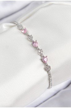 Pirinç Zirkon Taşlı Pembe Kalp Model Gümüş Renk Kadın Bileklik