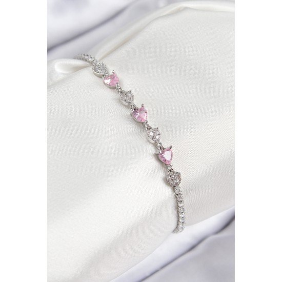Pirinç Zirkon Taşlı Pembe Kalp Model Gümüş Renk Kadın Bileklik