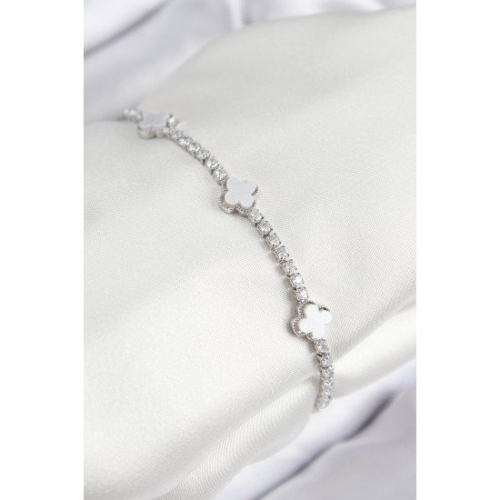 Pirinç Zirkon Taşlı Yonca Model Gümüş Renk Kadın Bileklik