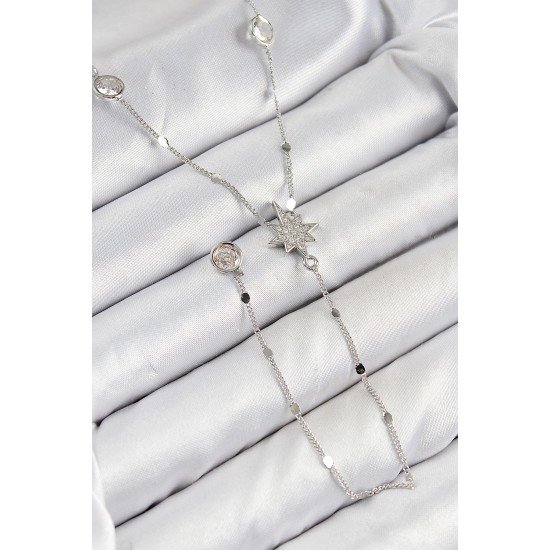 Pirinç Zirkon Taşlı Kutup Yıldızı Model Gümüş Renk Y Kolye Pirinç Zirkon Taşlı Kutup Yıldızı Model Gümüş Renk Y Kolye