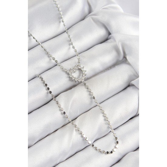 Pirinç Zirkon Taşlı Ezme Zincirli Kalp Model Gümüş Renk Y Kolye