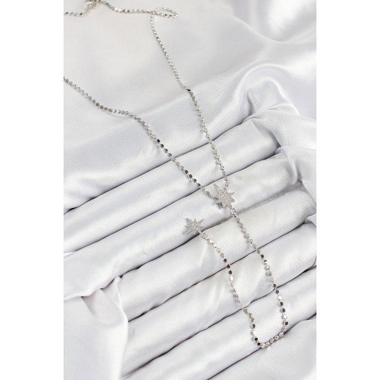 Pirinç Zirkon Taşlı Ezme Zincirli Kutup Yıldızı Model Gümüş Renk Y Kolye Pirinç Zirkon Taşlı Ezme Zincirli Kutup Yıldızı Model Gümüş Renk Y Kolye