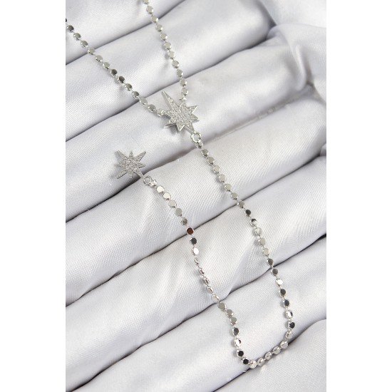 Pirinç Zirkon Taşlı Ezme Zincirli Kutup Yıldızı Model Gümüş Renk Y Kolye Pirinç Zirkon Taşlı Ezme Zincirli Kutup Yıldızı Model Gümüş Renk Y Kolye