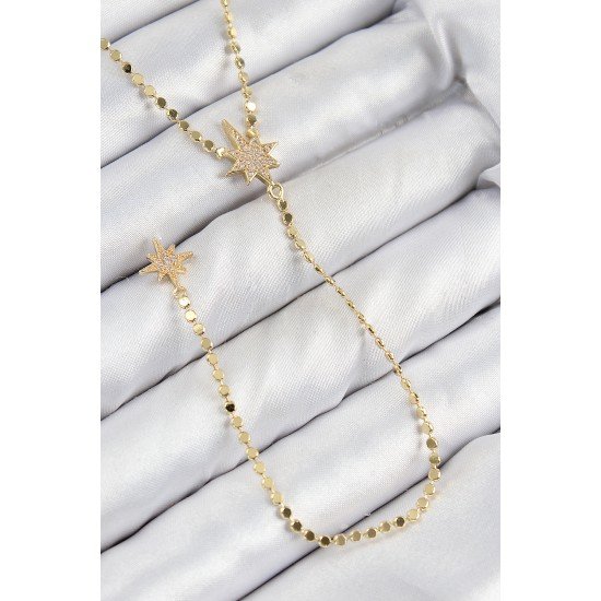 Pirinç Zirkon Taşlı Ezme Zincirli Kutup Yıldızı Model Gold Renk Y Kolye