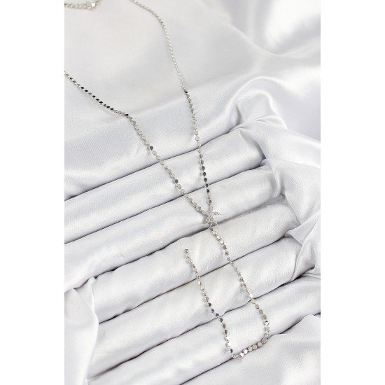 Pirinç Zirkon Taşlı Ezme Zincirli Deniz Yıldızı Model Gümüş Renk Y Kolye