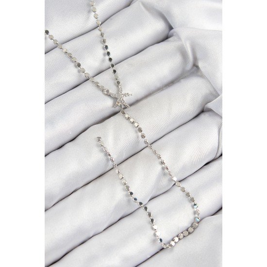 Pirinç Zirkon Taşlı Ezme Zincirli Deniz Yıldızı Model Gümüş Renk Y Kolye