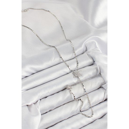 Pirinç Zirkon Taşlı Ezme Zincirli Kutup Yıldızı Model Gümüş Renk Y Kolye