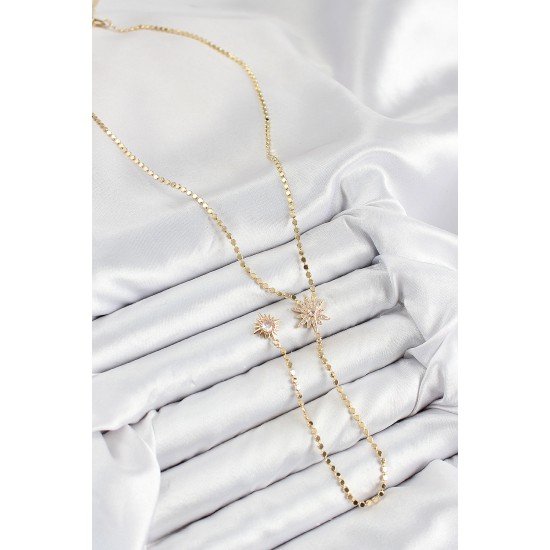 Pirinç Zirkon Taşlı Ezme Zincirli Kutup Yıldızı Model Gold Renk Y Kolye