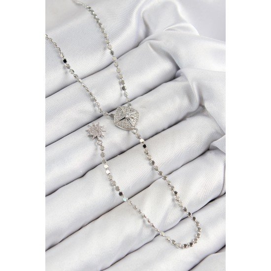 Pirinç Zirkon Taşlı Ezme Zincirli Madalyon Model Gümüş Renk Y Kolye Pirinç Zirkon Taşlı Ezme Zincirli Madalyon Model Gümüş Renk Y Kolye