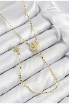 Pirinç Zirkon Taşlı Ezme Zincirli Madalyon Model Gold Renk Y Kolye