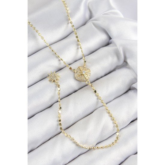 Pirinç Zirkon Taşlı Ezme Zincirli Madalyon Model Gold Renk Y Kolye Pirinç Zirkon Taşlı Ezme Zincirli Madalyon Model Gold Renk Y Kolye