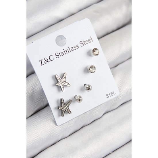 316L Çelik Zirkon Taşlı Deniz Yıldızı Model Gümüş Renk Kadın Set Küpe 316L Çelik Zirkon Taşlı Deniz Yıldızı Model Gümüş Renk Kadın Set Küpe