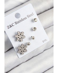 316L Çelik Zirkon Taşlı Kar Tanesi Model Gümüş Renk Kadın Set Küpe