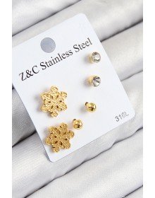 316L Çelik Zirkon Taşlı Kar Tanesi Model Gold Renk Kadın Set Küpe