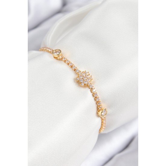 Pirinç Zirkon Taşlı Kar Tanesi Model Gold Renk Asansörlü Kadın Bileklik