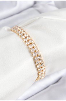 Pirinç Zirkon Taşlı Çift Sıra Kare Model Gold Renk Asansörlü Kadın Bileklik