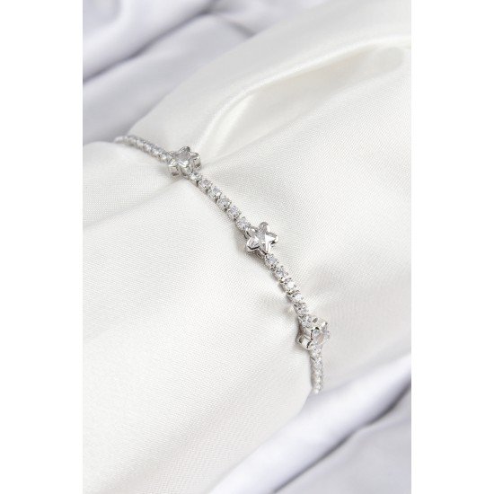 Pirinç Zirkon Taşlı Yıldız Model Gümüş Renk Asansörlü Kadın Bileklik