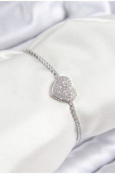 Pirinç Zirkon Taşlı Kalp Model Gümüş Renk Asansörlü Kadın Bileklik