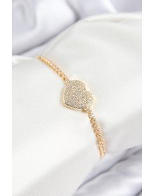 Pirinç Zirkon Taşlı Kalp Model Gold Renk Asansörlü Kadın Bileklik