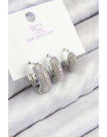 Pirinç Zirkon Taşlı 3'lü Halka Model Gümüş Renk Kadın Küpe