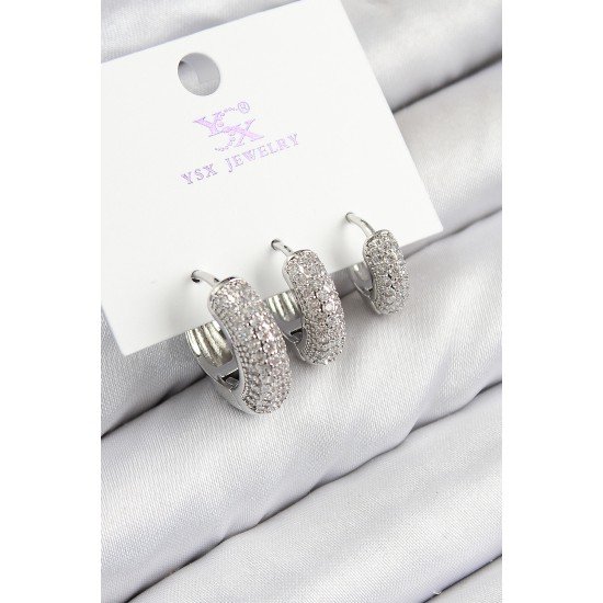 Pirinç Zirkon Taşlı 3'lü Halka Model Gümüş Renk Kadın Küpe Pirinç Zirkon Taşlı 3'lü Halka Model Gümüş Renk Kadın Küpe