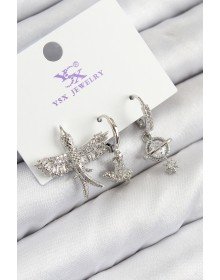 Pirinç Zirkon Taşlı 3'lü Kuş Model Gümüş Renk Kadın Küpe