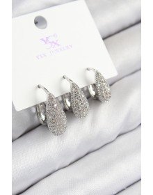 Pirinç Zirkon Taşlı 3'lü Damla Model Gümüş Renk Kadın Küpe