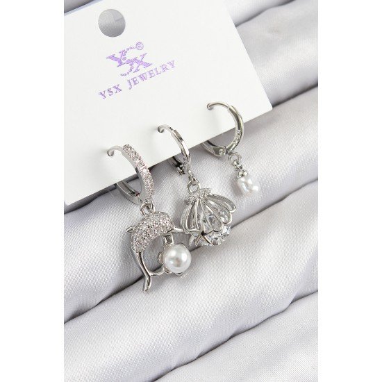 Pirinç Zirkon Taşlı 3'lü Yunus Balığı Ve İstiridye Model Gümüş Renk Kadın Küpe Pirinç Zirkon Taşlı 3'lü Yunus Balığı Ve İstiridye Model Gümüş Renk Kadın Küpe