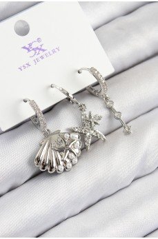 Pirinç Zirkon Taşlı 3'lü Yıldız Ve İstiridye Model Gümüş Renk Kadın Küpe