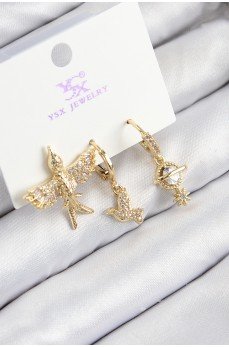 Pirinç Zirkon Taşlı 3'lü Kuş Model Gold Renk Kadın Küpe