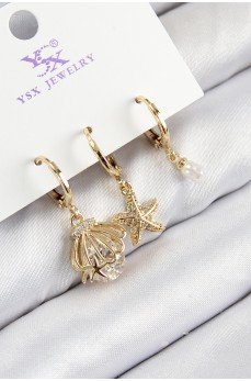 Pirinç Zirkon Taşlı 3'lü İstiridye Ve Yıldız Model Gold Renk Kadın Küpe