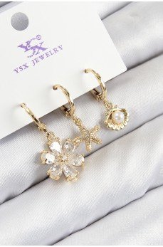 Pirinç Zirkon Taşlı 3'lü İstiridye Ve Çiçek Model Gold Renk Kadın Küpe