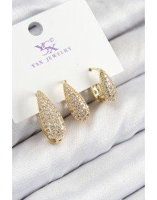 Pirinç Zirkon Taşlı 3'lü Damla Model Gold Renk Kadın Küpe
