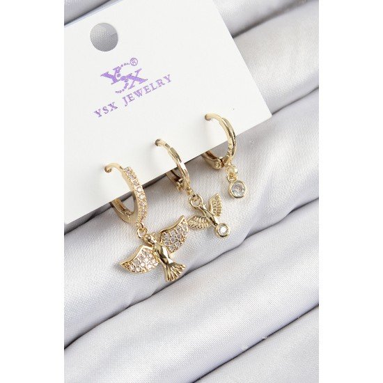 Pirinç Zirkon Taşlı 3'lü Kuş Model Gold Renk Kadın Küpe