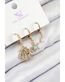 Pirinç Zirkon Taşlı 3'lü İstiridye Ve Yıldız Model Gold Renk Kadın Küpe