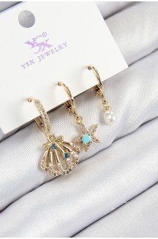 Pirinç Zirkon Taşlı 3'lü İstiridye Ve Yıldız Model Gold Renk Kadın Küpe