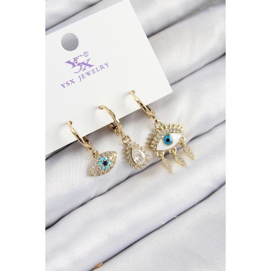 Pirinç Zirkon Taşlı 3'lü Fatma'nın Gözü Model Gold Renk Kadın Küpe