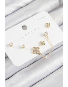 Pirinç Zirkon Taşlı Yonca Model Gold Renk 925 Ayar Gümüş Çivi Kadın Küpe Set