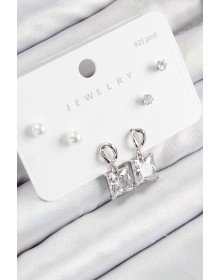 Pirinç Zirkon Taşlı Sallantılı Kare Model Gümüş Renk 925 Ayar Gümüş Çivi Kadın Küpe Set