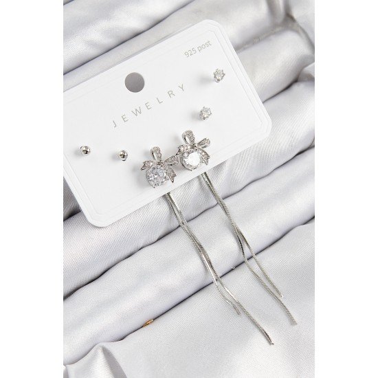 Pirinç Zirkon Taşlı Sallantılı Fiyonk Model Gümüş Renk 925 Ayar Gümüş Çivi Kadın Küpe Set Pirinç Zirkon Taşlı Sallantılı Fiyonk Model Gümüş Renk 925 Ayar Gümüş Çivi Kadın Küpe Set