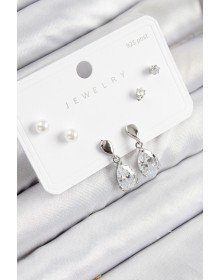 Pirinç Zirkon Taşlı Sallantılı Damla Model Gümüş Renk 925 Ayar Gümüş Çivi Kadın Küpe Set