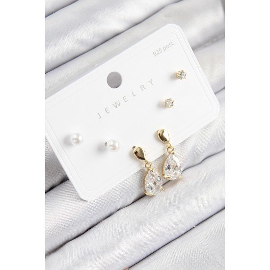Pirinç Zirkon Taşlı Sallantılı Damla Model Gold Renk 925 Ayar Gümüş Çivi Kadın Küpe Set