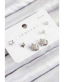 Pirinç Zirkon Taşlı Yıldız Model Gümüş Renk 925 Ayar Gümüş Çivi Kadın Küpe Set