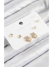 Pirinç Zirkon Taşlı Yıldız Model Gold Renk 925 Ayar Gümüş Çivi Kadın Küpe Set