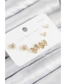 Pirinç Zirkon Taşlı Kelebek Model Gold Renk 925 Ayar Gümüş Çivi Kadın Küpe Set