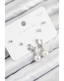 Pirinç Zirkon Taşlı İnci Sallantılı Damla Model Gümüş Renk 925 Ayar Gümüş Çivi Kadın Küpe Set