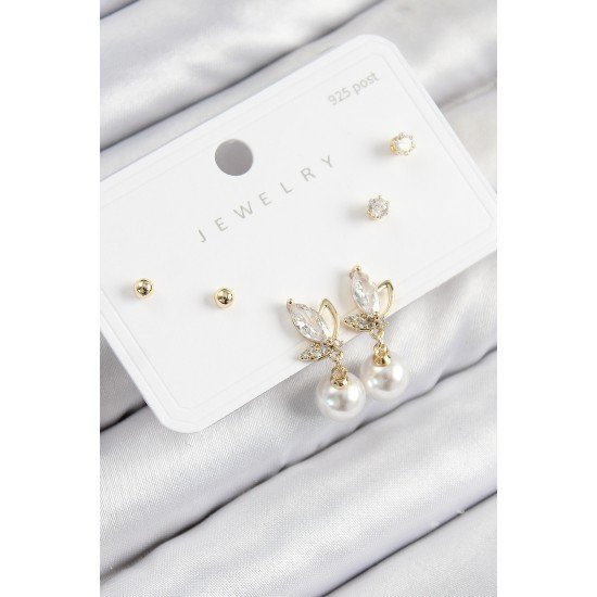 Pirinç Zirkon Taşlı İnci Sallantılı Damla Model Gold Renk 925 Ayar Gümüş Çivi Kadın Küpe Set Pirinç Zirkon Taşlı İnci Sallantılı Damla Model Gold Renk 925 Ayar Gümüş Çivi Kadın Küpe Set