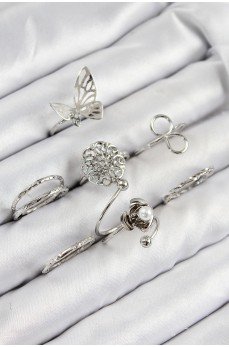 Pirinç Gül Kelebek Model Gümüş Renk Kadın Yüzük Kombin Set