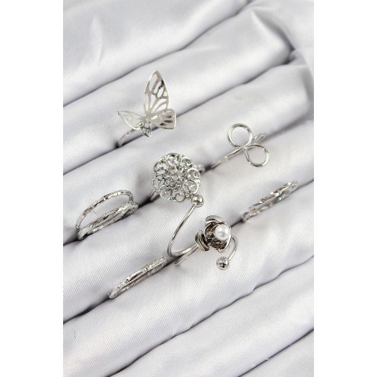 Pirinç Gül Kelebek Model Gümüş Renk Kadın Yüzük Kombin Set Pirinç Gül Kelebek Model Gümüş Renk Kadın Yüzük Kombin Set